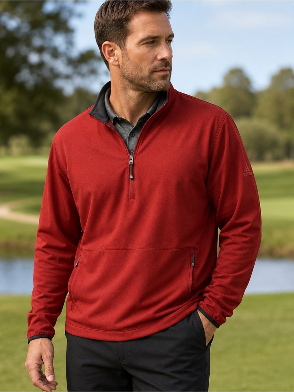 Adidas ClimaProof Quarter Zip Pullover Men’s XL Red Fleece Lined Windbreaker